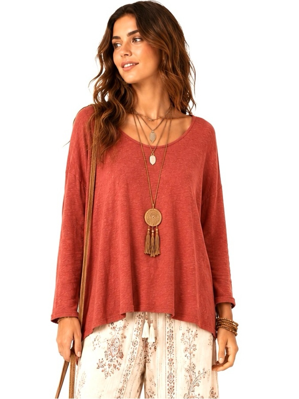 Garnet Hill XL 100% linen Women's Rust Scoop Neck Long-Sleeve Tee relaxed comfy